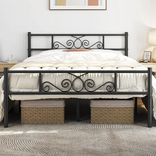 Miniatura 14 de Yaheetech - Base de cama, plataforma clásica de metal con cabecera y estribo - base de colchón con diseño floral para adultos, niñas, niños - Negro