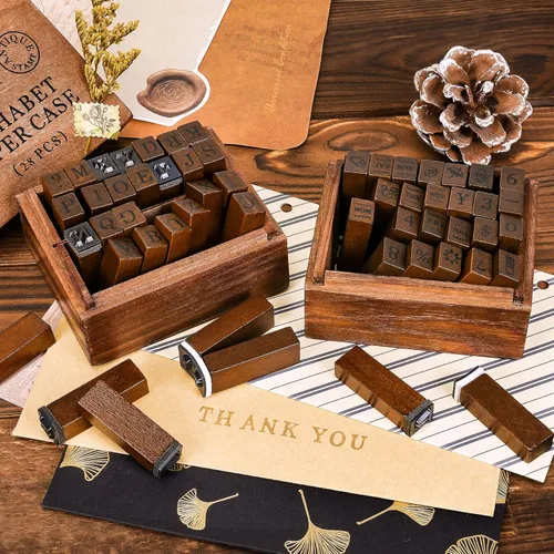 Miniatura 5 de Sellos de letras, 56 sellos del alfabeto con semanas y clima, sellos de números con estuche de madera, sellos de madera con símbolos vintage