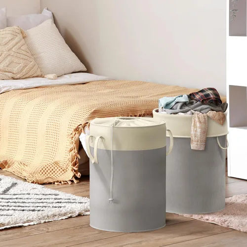 Miniatura 9 de Simple Houseware Cesta de lavandería plegable de 74L, cesta redonda de algodón con cierre de cordón y asas, paquete de 2, color gris