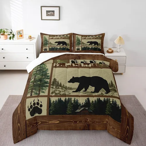 Miniatura 42 de Manfei Rutic Farmhouse - Juego de edredón tamaño King, juego de ropa de cama de retazos de madera a cuadros de ciervo, oso, árbol, 3 piezas
