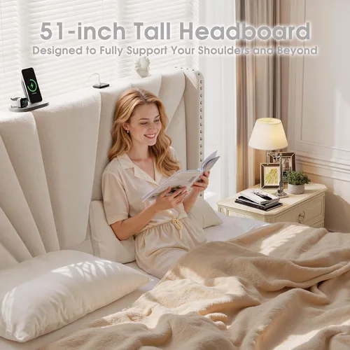Miniatura 3 de EnHomee Marco de Cama Queen con Cabecera Alta de 51" Wingback, Cama Plataforma Tapizada en Terciopelo con Estación de Carga y Luces LED, No Necesita
