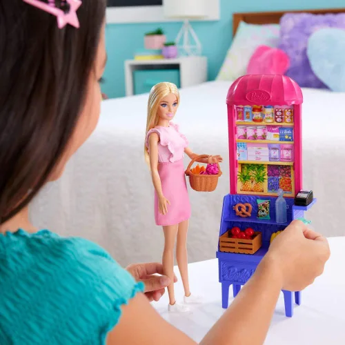 Miniatura 3 de Muñeca y juego de moda de amistad de Barbie y Teresa, tema Malibu en el mercado con 11 accesorios incluyendo puesto de mercado y comida