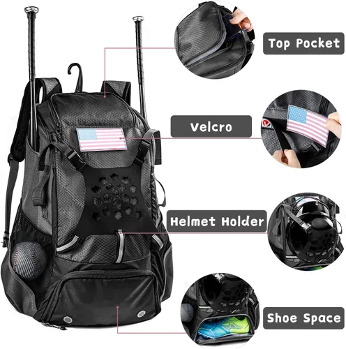 Miniatura 5 de Mochila de béisbol para jóvenes, niños, adultos, bolsa de equipo de bate y sóftbol con soporte para guantes, casco, compartimento para zapatos