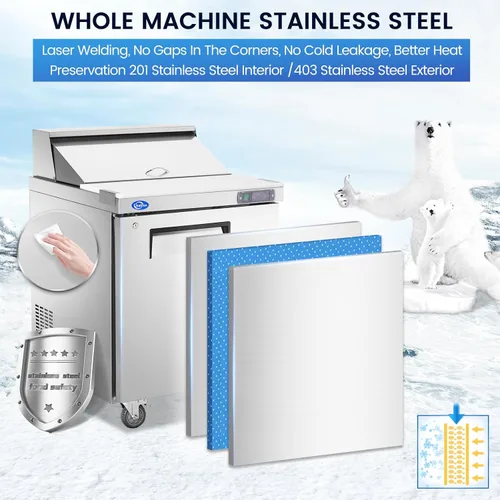 Miniatura 8 de Refrigerador de 28 pulgadas de ancho y 1 puerta, mesa de preparación de ensalada, refrigerador comercial de acero inoxidable con tabla de cortar, 1