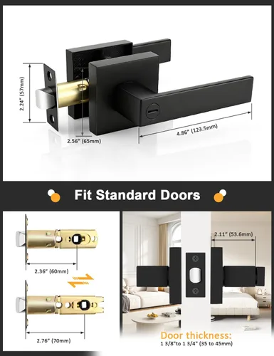Miniatura 4 de Gobrico 1 paquete de manijas cuadradas de privacidad para puerta en acabado negro mate, manijas interiores sin llave, reversibles para puertas