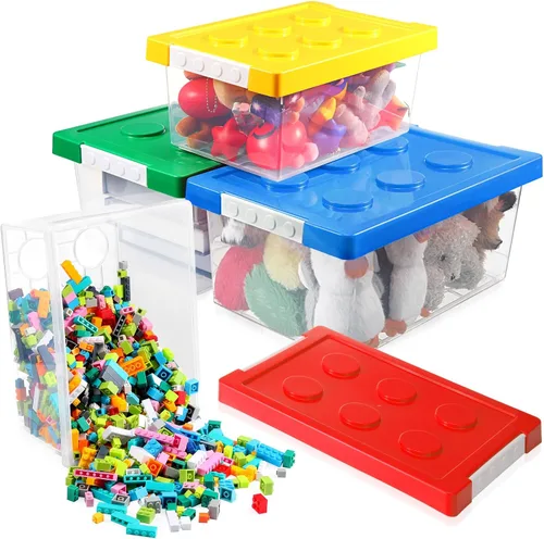Miniatura 7 de Vicenpal Paquete de 4 Contenedores de Almacenamiento de Juguetes con Tapas en Forma de Ladrillo Caja Organizadora de Juguetes de Plástico