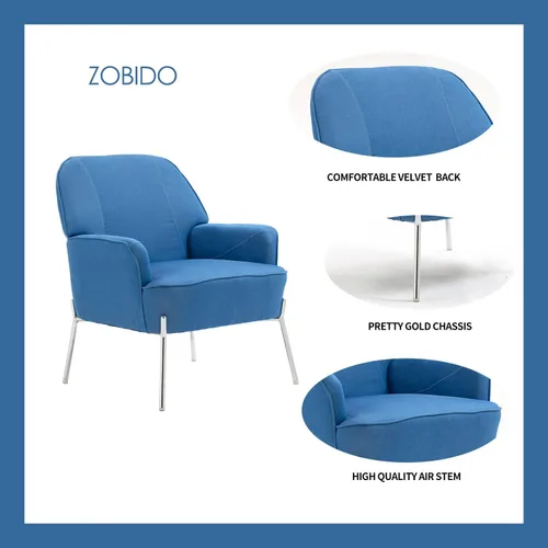 Miniatura 4 de Cómoda silla decorativa de terciopelo con patas de metal glamorosas para comedor, dormitorio, sala de estar, belleza (azul vaquero)