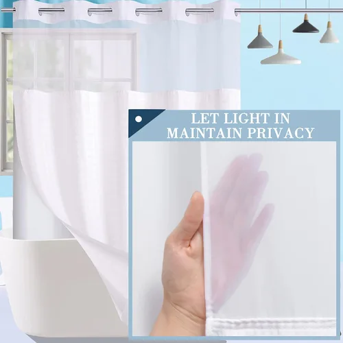 Miniatura 2 de Conbo Mio Cortina de ducha sin gancho con forro a presión, cortinas de baño de tela blanca de lujo para hotel con ventana superior transparente