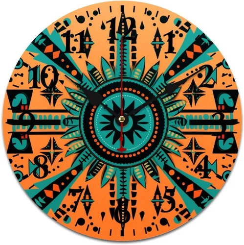 Reloj de madera con motivo de arte tribal naranja brillante, turquesa, azul y azul, patrón tribal del suroeste, cuarzo decorativo de madera, sin
