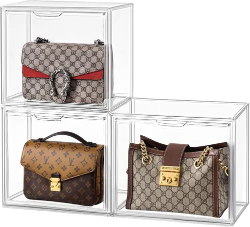 HBlife Paquete de 3 organizadores de almacenamiento de bolsos para armario, caja de exhibición mediana transparente apilable con puerta magnética