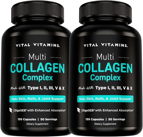 Vital Vitamins Píldoras de colágeno múltiple para mujeres y hombres (paquete de 2) – Péptidos de colágeno hidrolizados – Tipo I, II, III, V, X –