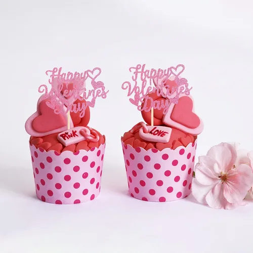 Miniatura 7 de Paquete de 24 adornos para cupcakes con purpurina en forma de corazón con temática de amor dulce, decoración de pasteles para el día de San