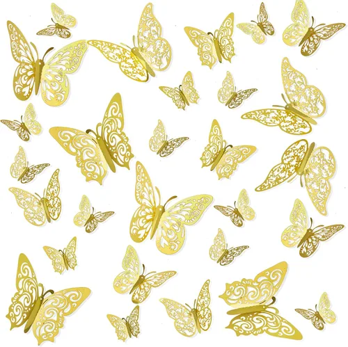 Decoración de pared de mariposa - 24 unidades, 3 estilos, 3 tamaños, decoraciones 3D de habitación para fiesta de cumpleaños y pasteles, color