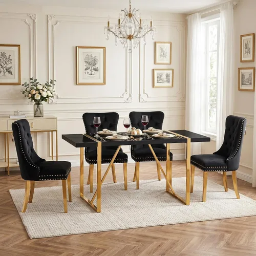 Miniatura 2 de Juego de mesa de comedor negra para 4, parte superior negra brillante de 55 pulgadas con patas de metal dorado, juego de mesa de comedor moderno