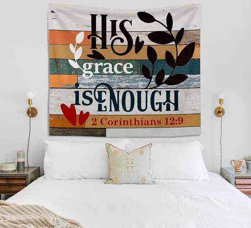 Miniatura 2 de Knibeo Tapiz cristiano con texto bíblico 2 Corintios 12:9 His Grace is Enough - Tapices religiosos para colgar en la pared, decoración para el hogar