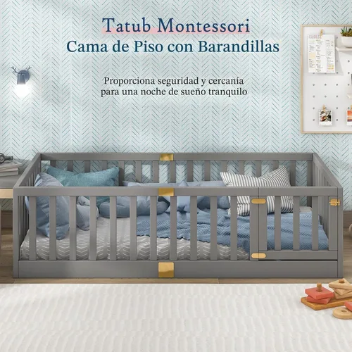 Miniatura 3 de Tatub Cama Montessori de suelo individual con rieles altos, marco de cama Montessori de madera maciza para niños, la puerta se puede instalar a Gris