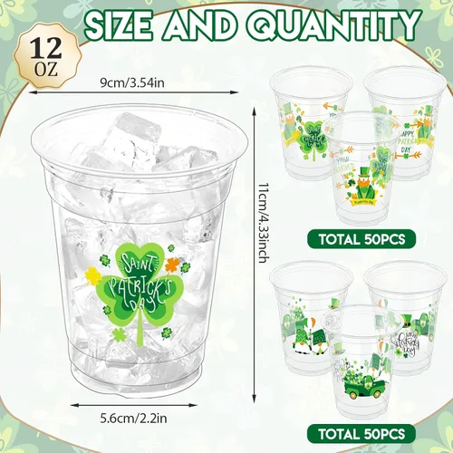 Miniatura 2 de 100 tazas para fiesta del día de San Patricio, vasos desechables de plástico transparente de San Patricio, 12 onzas, color verde irlandés, fiesta