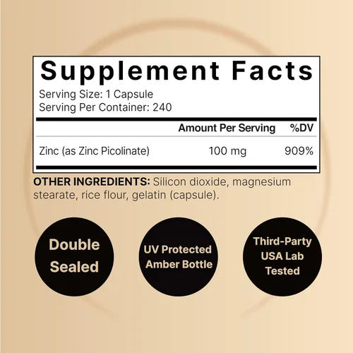 Miniatura 3 de Picolinato de zinc de alta potencia 100 mg – 240 cápsulas, forma biodisponible de zinc para apoyo inmunológico y salud de la piel – Sin OMG y gluten