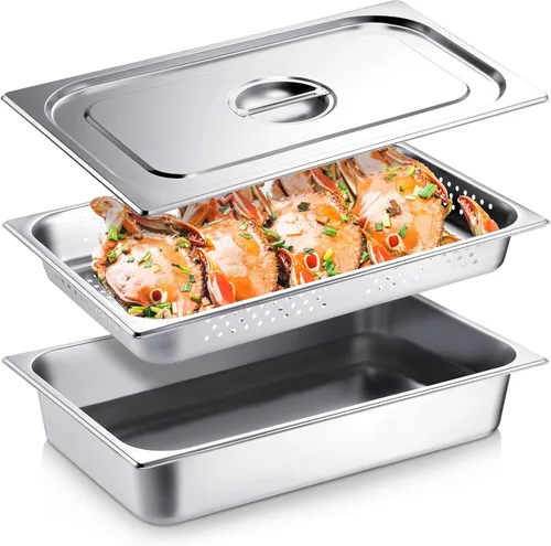 Miniatura 13 de Ferraycle Paquete de 3 bandejas de hotel de tamaño medio de 2.6 pulgadas, 4 pulgadas con tapa, bandeja de mesa de vapor perforada, suministros