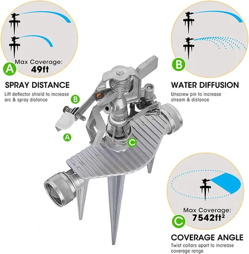 Miniatura 3 de Morvat Aspersor de agua de impacto ajustable para patio y jardín, niquelado, cabezal de latón y sistema de riego de estacas de aluminio con rotación
