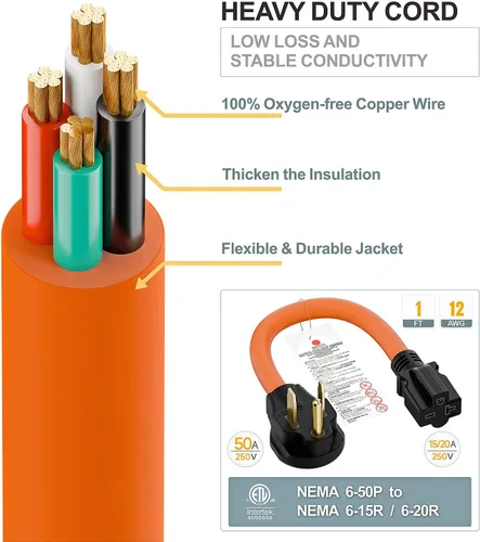 Miniatura 7 de Cable adaptador de corriente para soldador de 1.5 pies Nema 6-50P a 6-15R/6-20R, adaptador de hoja T 6-50P de 50 amperios a 6-20R 20A, 6-50 a 6-20R