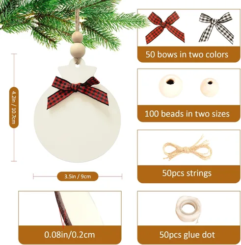 Miniatura 2 de OurWarm 50 adornos de Navidad de madera para manualidades, adornos de madera redondos sin terminar de 4 pulgadas con lazos y cuentas a cuadros