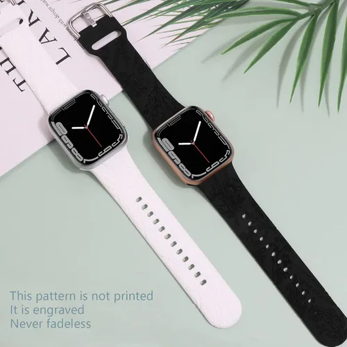 Miniatura 3 de Correa de silicona grabada con flores compatible con correas de Apple Watch de 1.496 pulgadas, 1.575 pulgadas, 1.614 pulgadas, bonita correa Negro