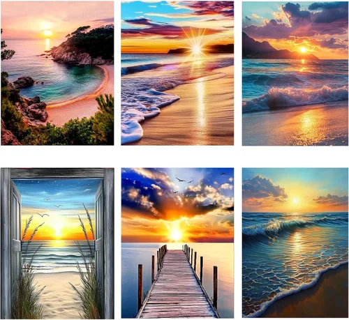Paquete de 6 kits de pintura de diamantes para adultos principiantes, juegos de arte de diamantes de playa 5D, pintura de amanecer redonda completa