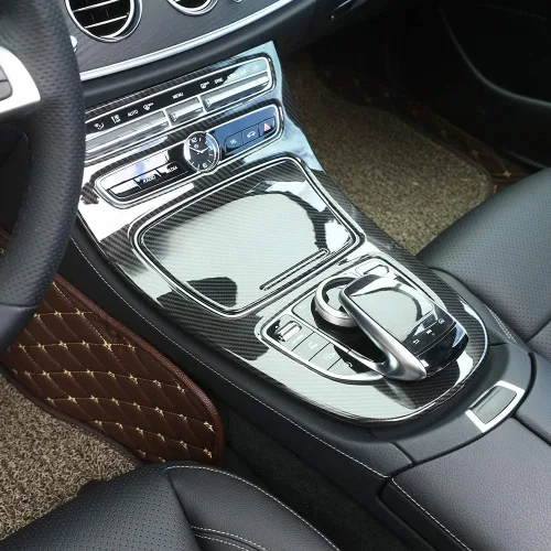 Miniatura 3 de YIWANG Fibra de carbono ABS consola panel de engranajes marco marco ajuste 2 unids para Mercedes Benz Clase E W213 2016-2019 Accesorios de coche