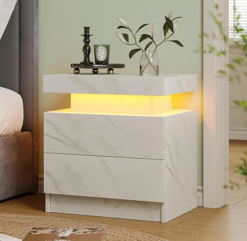 Miniatura 12 de Mesita de noche LED Mesita de noche LED con luces LED, mesa auxiliar moderna con 2 cajones para dormitorio, gris claro