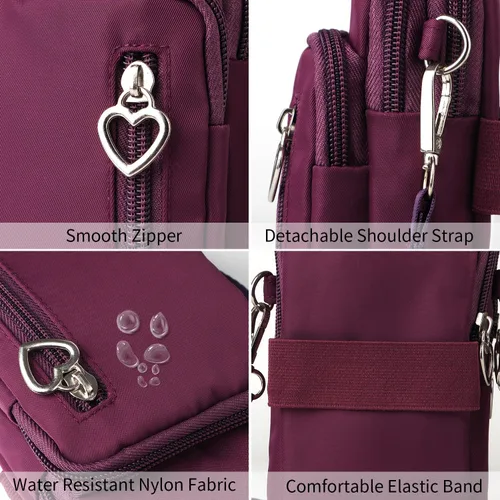 Miniatura 4 de Bolso cruzado de nailon para mujer para viaje, bolso de hombro para teléfono celular con pulsera, brazalete deportivo, cartera para teléfono Púrpura