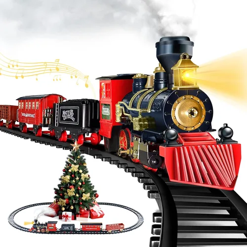 Shemira Juego de tren de Navidad, juguetes de tren para niños y niñas, tren de juguete con humo ligero y sonido, juego de tren de vapor para