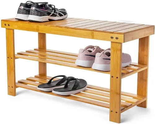 Miniatura 3 de Zapatero de bambú de 3 niveles, organizador de zapatos, banco de entrada, banco de almacenamiento de zapatos de 35.4 pulgadas de largo con estantes