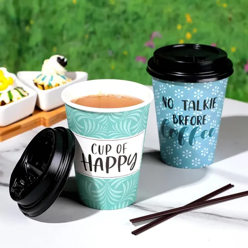 Miniatura 7 de Gerrii Paquete de 100 Tazas de Café Desechables con Tapas y Pajitas, Tazas de Papel Motivacionales con 6 Frases y Diseños, Tazas Calientes