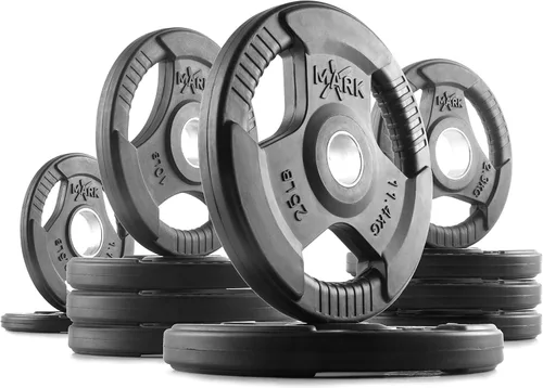 Miniatura 20 de XMARK TRI-GRIP - Par o juego de discos de peso olímpicos, pesas de ejercicio con revestimiento de goma para barra olímpica, juego de pesas