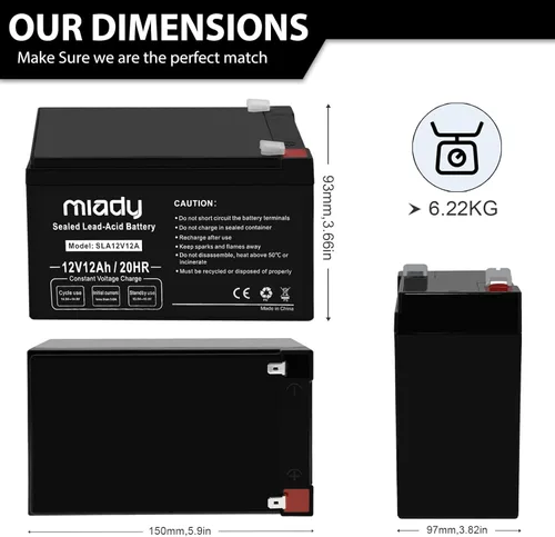 Miniatura 3 de Miady 12V 12Ah - Batería recargable de ácido de plomo sellada (paquete de 2)