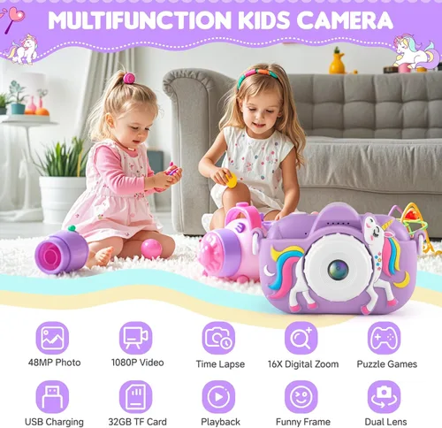 Miniatura 2 de Cámara para niños para niñas de 3 a 5 años, cámara digital para niños con cubierta de silicona, grabación de video de 48MP/1080P, cámara selfie