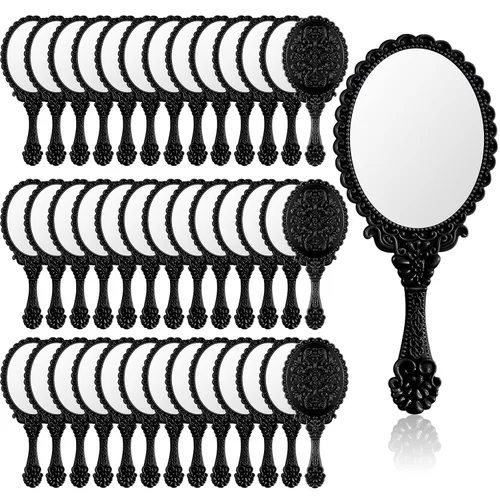 Namalu 40 piezas de espejo de mano vintage pequeño en relieve, portátil, lindo espejo compacto con asa para mujeres, regalos de fiesta de San Negro