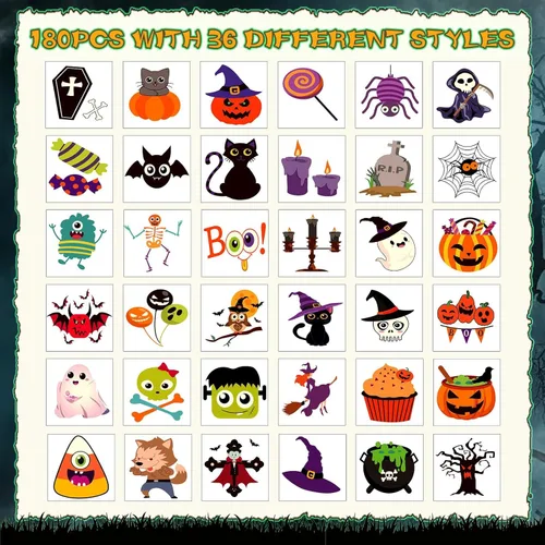 Miniatura 2 de JUNEBRUSHS Tatuajes temporales de Halloween para niños, 180 piezas de 1.6 pulgadas que brillan en la oscuridad, calcomanías de seguridad