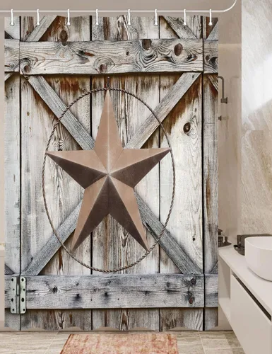 Miniatura 14 de JAWO Western Star - Cortina de ducha de Texas, estrella del oeste de Texas sobre tablero de madera rústica, juego de cortina de ducha con puerta