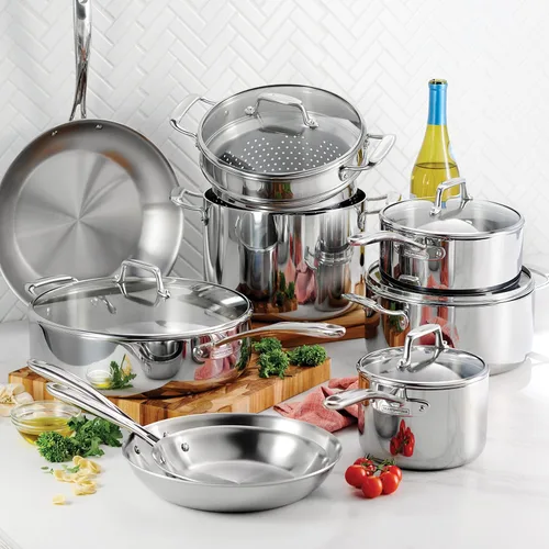 Miniatura 2 de Tramontina Tri-Ply Clad - Juego de utensilios de cocina de acero inoxidable de 14 piezas con tapas de vidrio, ollas y sartenes, listo