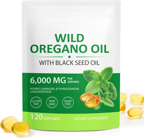 Cápsulas de aceite orgánico de orégano con aceite de semilla negra, 6000 mg de aceite de orégano y 200 mg de aceite de semilla negra por porción,