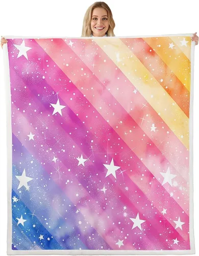 Miniatura 9 de Manta de franela arcoíris para todas las estaciones, colorida manta de cama con diseño de estrellas, luna y cielo para decoración de habitaciones