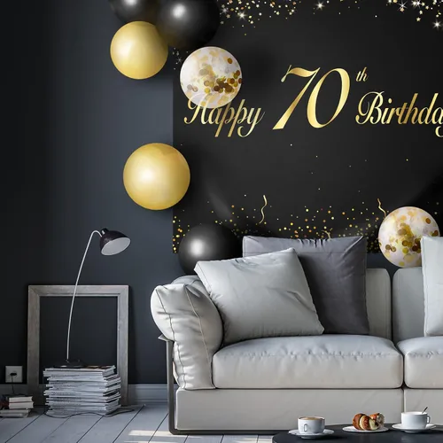 Miniatura 7 de Juego de globos negros de feliz cumpleaños 70 – Decoración de guirnalda temática de fiesta con texto en inglés "Cheers to 70 Years Old Party Theme