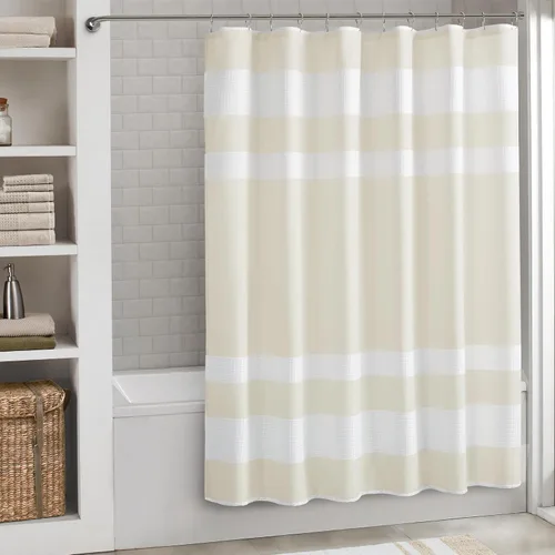 Miniatura 57 de Madison Park Cortina de ducha de tejido waffle con diseño a rayas en piezas, cortina de ducha de tela para baño con gestión de humedad 3M Rayas Taupe