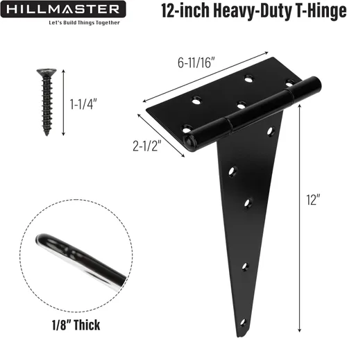 Miniatura 4 de HILLMASTER Bisagras de puerta de cobertizo con correa en T de 12 pulgadas resistentes Bisagras de correa de puerta Bisagra en T negra Herraje