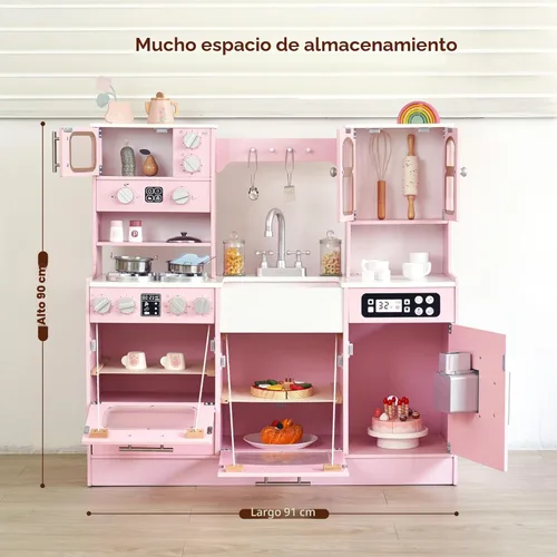 Miniatura 5 de Cocina de madera para niños pequeños y niños con luces y sonidos, gran juego interactivo con máquina de hielo, estufa, fregadero, horno, 12