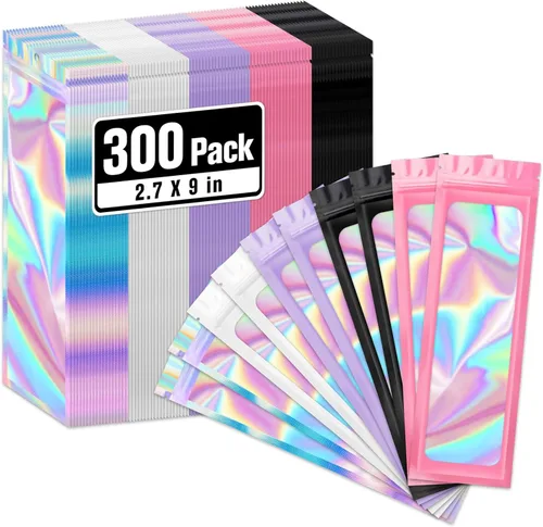 ANZNKU Paquete de 300 bolsas multicolor para bolígrafos, bolsas holográficas de Mylar con ventana transparente, bolsas de embalaje a prueba de