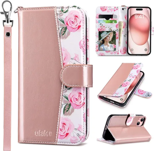 ULAK Compatible con iPhone 15 Estuche tipo billetera para mujeres, funda tipo cartera con tapa de piel sintética floral premium con soporte para Oro
