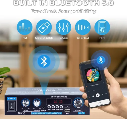 Miniatura 2 de AK35 Amplificador estéreo Bluetooth 5.0, mini receptor de audio de 2.0 canales, amplificador de audio de alta fidelidad para el hogar de 30Wx2